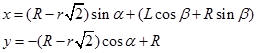 x=(R-r*sqrt(2))*sin(α)+(L*cos(β)+R*sin(β)), y=-(R-r*sqrt(2))*cos(α)+R